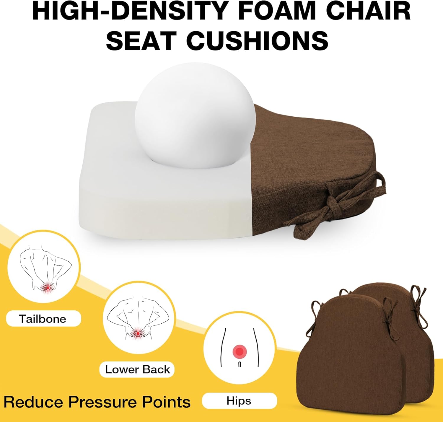 Chair Cushions for Dining Chairs High-Resilience Seat Cushion for Kitchen Chairs Non Slip Chair Pads with Washable Cover, Ties, Suitable for Indoor Outdoor Chairs, Set of 2, 17"x16"x2", Brown