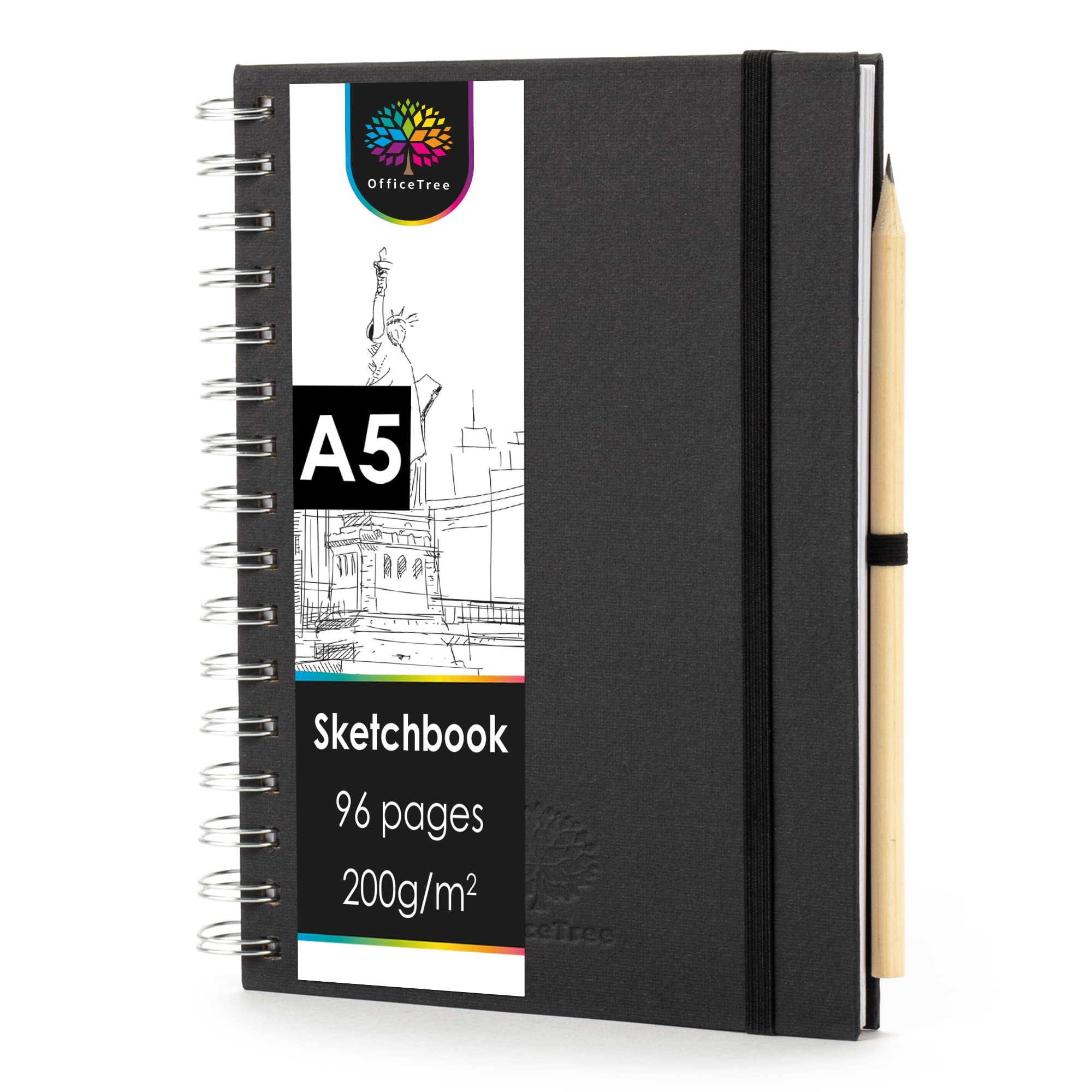 OfficeTree Sketch Book A5 Spiral Bound - Portrait - 96 Pages 48 Sheets - Sketchbook 200gsm - White Blank Paper - Watercolour Sketchbook - Art Sketch Book Includes Pencil