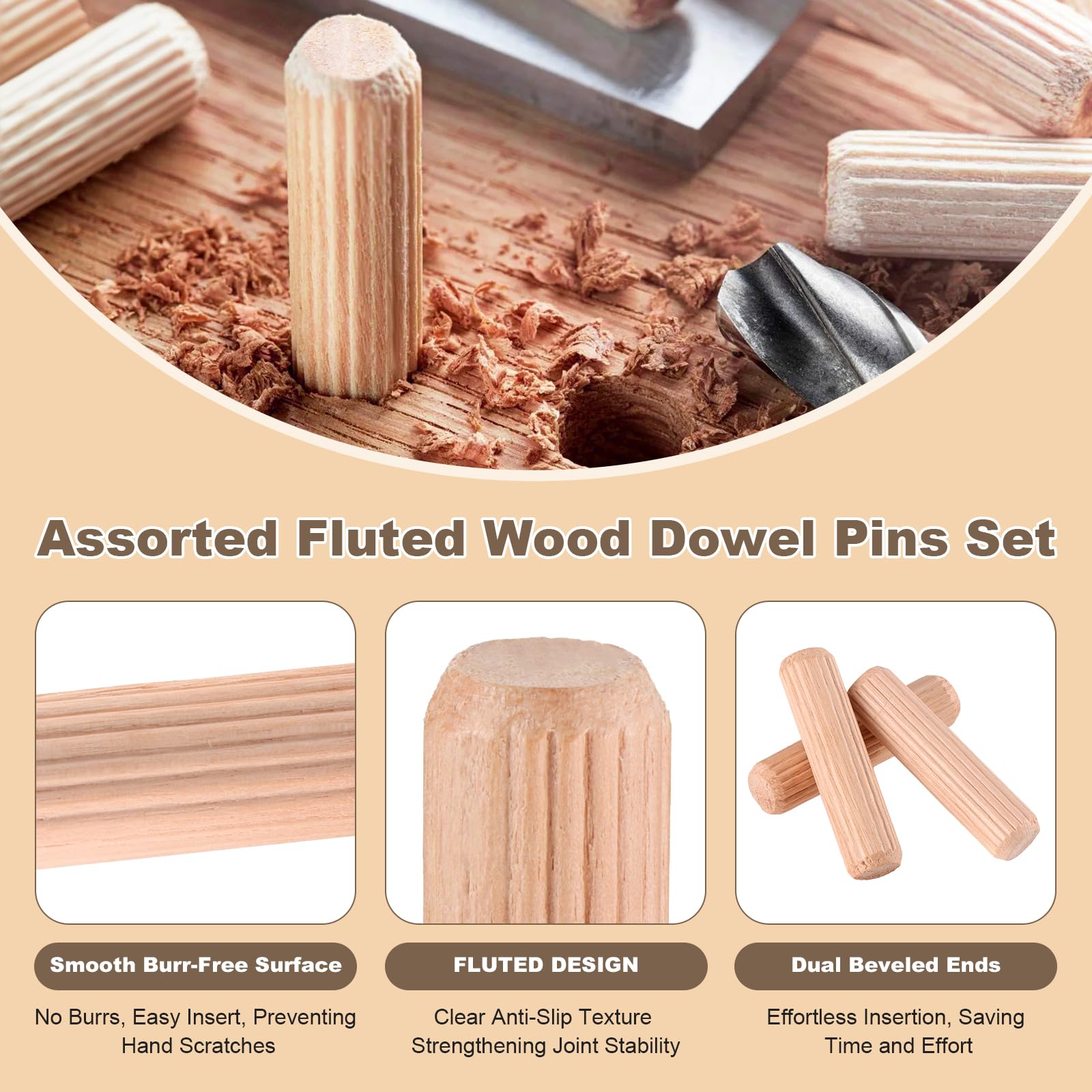 Tasselli in Legno Scanalati 6x30/8x30/8x40/10x40mm, Spine e Perni in Legno Duro 350 Pezzi per Mobili, Assemblaggio
