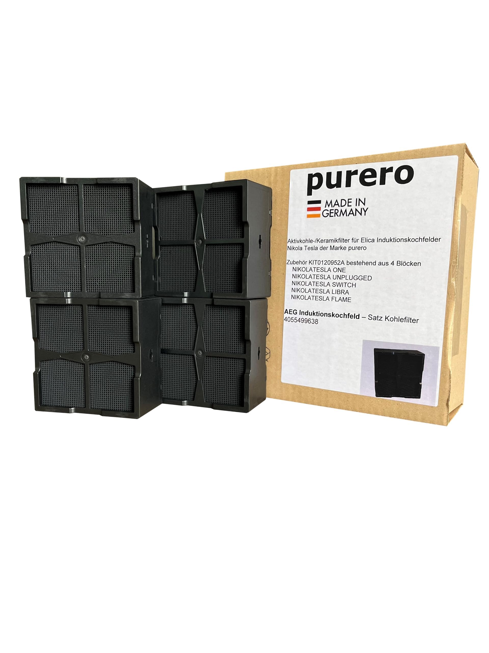 Lot de 4 Filtres à Charbon Actif en Céramique de Rechange pour AEG 4055499638 - Compatible avec Plaque à Induction Modèle IDE84241IB / IDE84243IB / IDK84451IB
