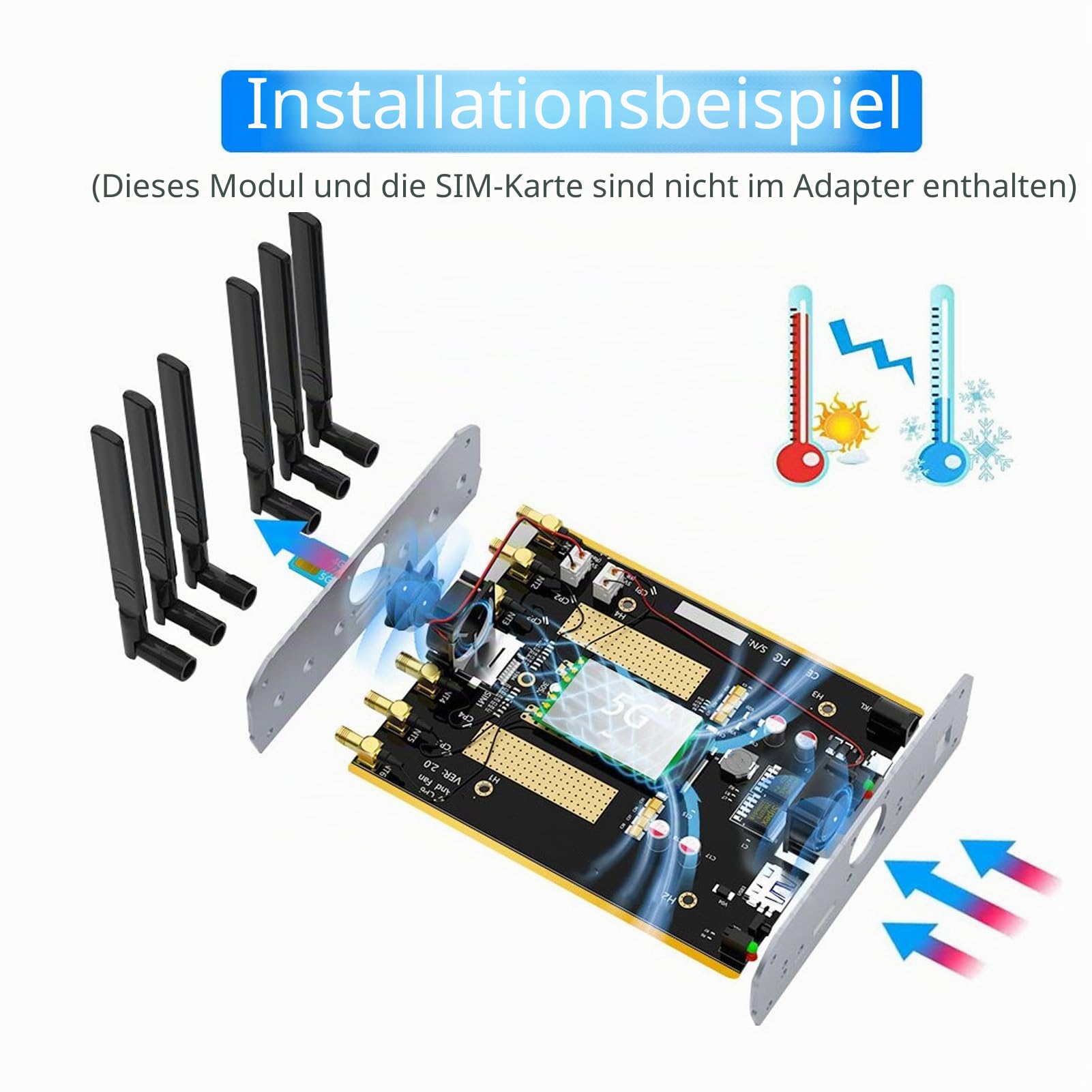 4G/5G-Modul auf USB 3.0-Adapter, NGFF M.2 auf USB 3.0-Dongle mit Dual-SIM-Kartensteckplatz, Dual-Lüfter, High-Gain-Antenne, Hilfsstromversorgung, Unterstützt 3042/3052 M.2 Key