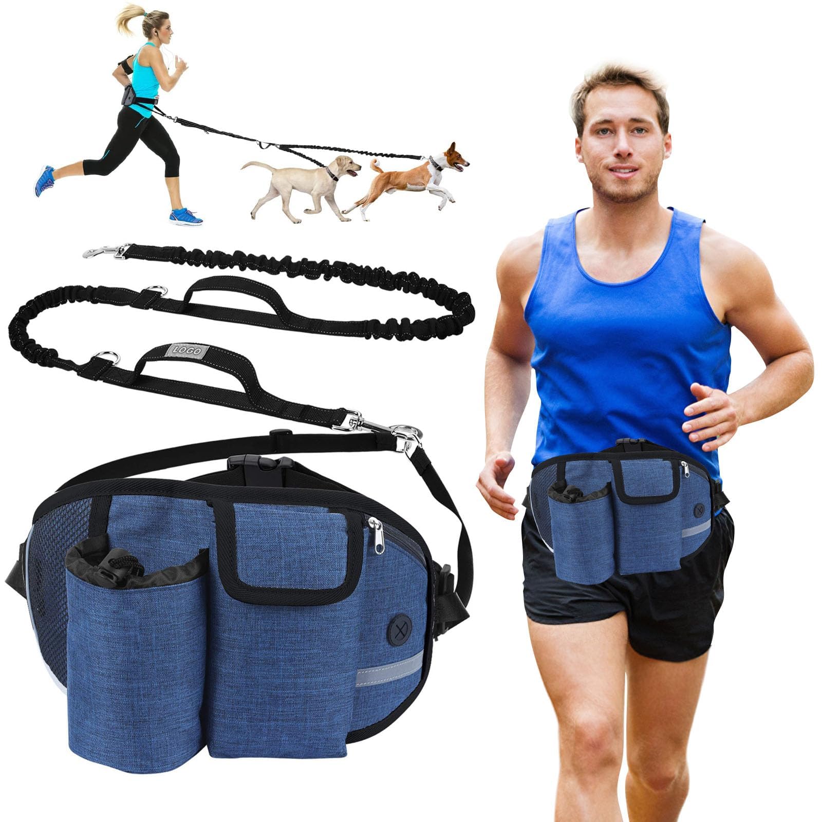 PETCUTE Laisse Mains Libres pour Chien, Ceinture Réglable de Laisse pour Chiens avec Sac de Ceinture,Couture Réfléchissante,Absorption de Choc, Idéal pour la Promenade et Le Jogging