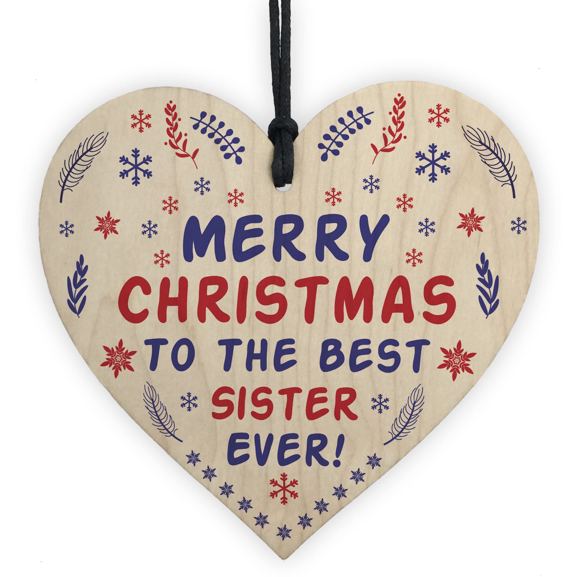 Red Ocean Sister Christmas Gifts From Brother Hanging Wooden Heart Keepsake Gift For Big or Little Sister