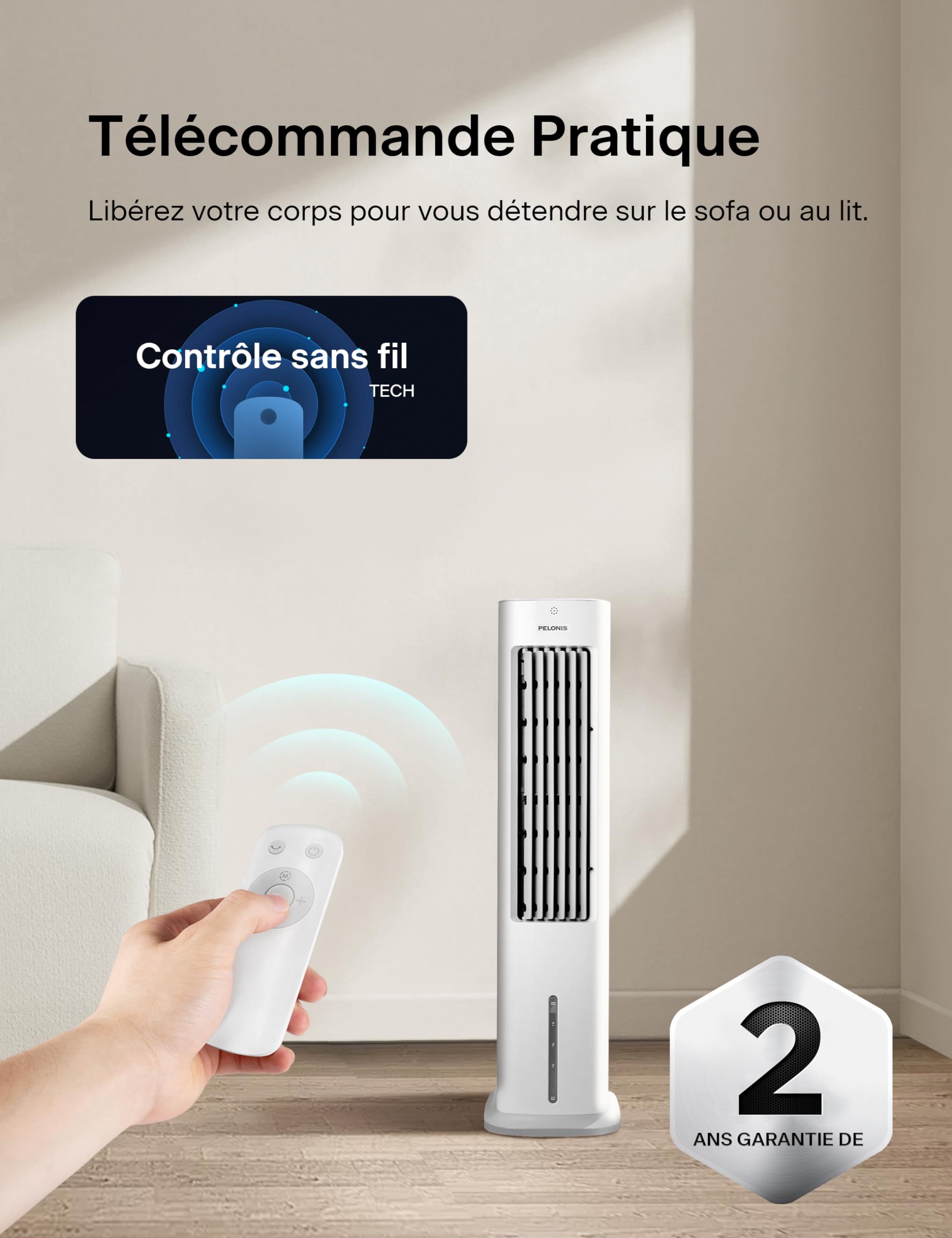 PELONIS Refroidisseur d'Air par Évaporation, Climatiseur Mobile, 5L avec Télécommande, 355m³/h, Sans Tuyau d'Évacuation