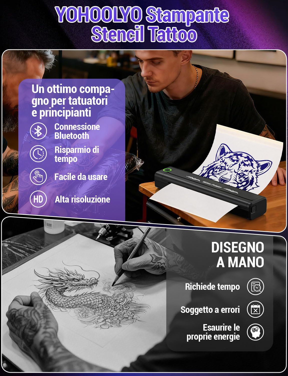 YOHOOLYO Stampante Stencil Tattoo Termica Senza Inchiostro Ricaricabile Portatile per Tatuaggi con 10 Fogli di Carta