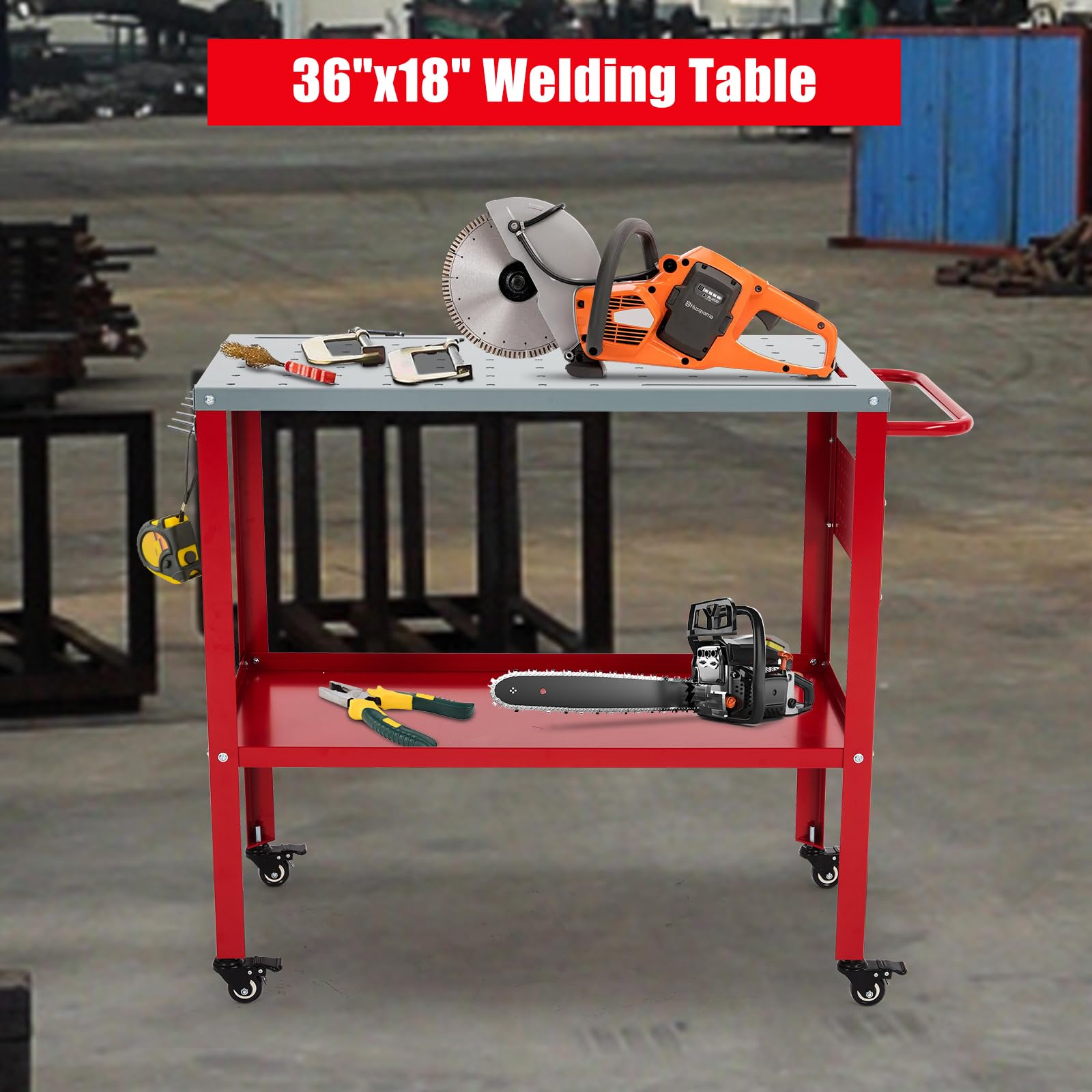 Garvee Mesa de soldadura de 91 x 46 cm, banco de trabajo portátil de acero de 36 x 18 pulgadas, capacidad de 544 kg, banco de trabajo de metal con 4 ruedas bloqueables, bandeja de herramientas, 8