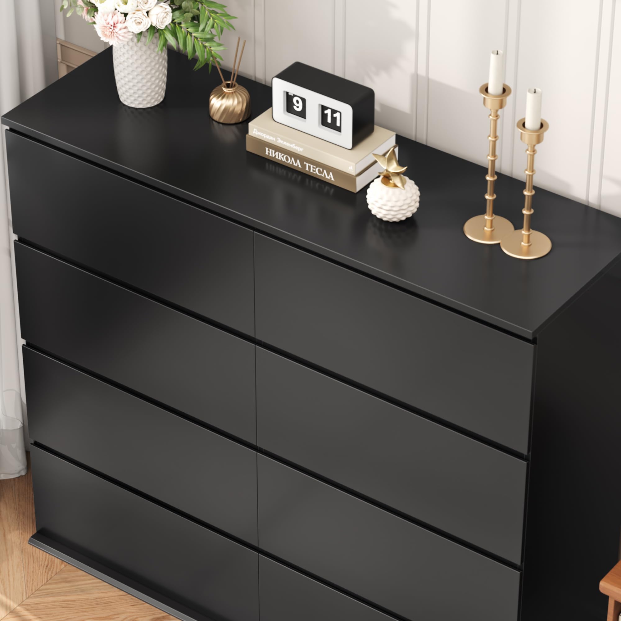 FINETONES Black Dresser, Dresser for Bedroom, 8 Drawer Chest of Drawers