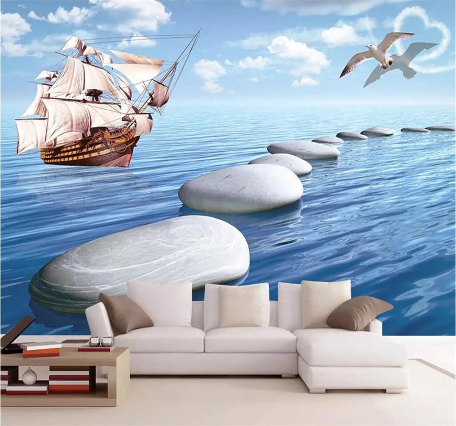 Xlming 430Cm×300Cm(B×H) Seashore Rocks The Sea A Sailing Boat Seagulls Blue Sky Scenery 3D Wallpaper Luxury Home Dining Decor Paste Sofa Living Room The Wall For Bedroom Mural-430Cm×300Cm