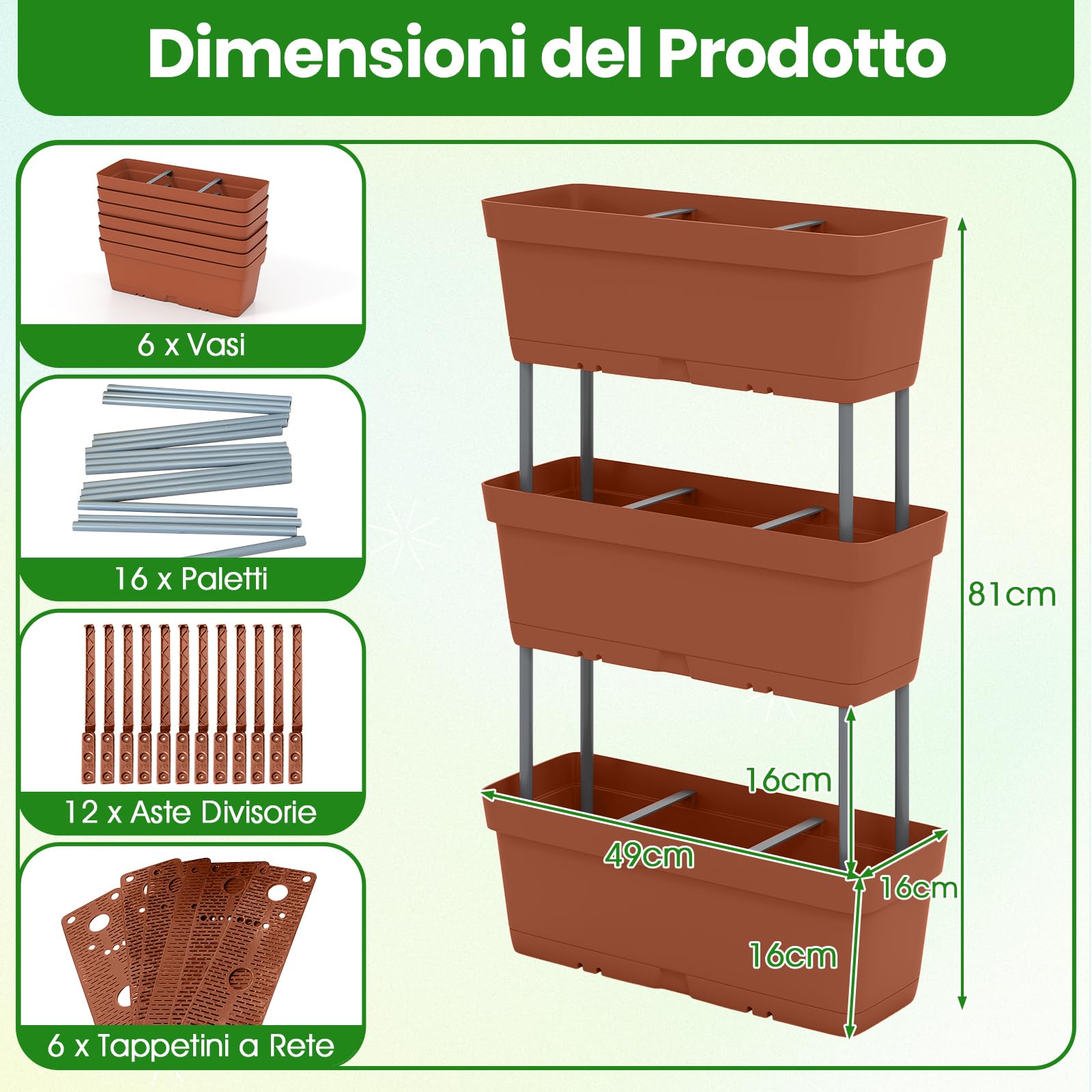 RELAX4LIFE Set di 6 Vasi per Piante, Fioriera a 3 Livelli con Aste di Connessione Solide, Combinazione Libera e Personalizzata, Design Verticale e Salvaspazio, Capacità di Peso 5 kg (Rosso)