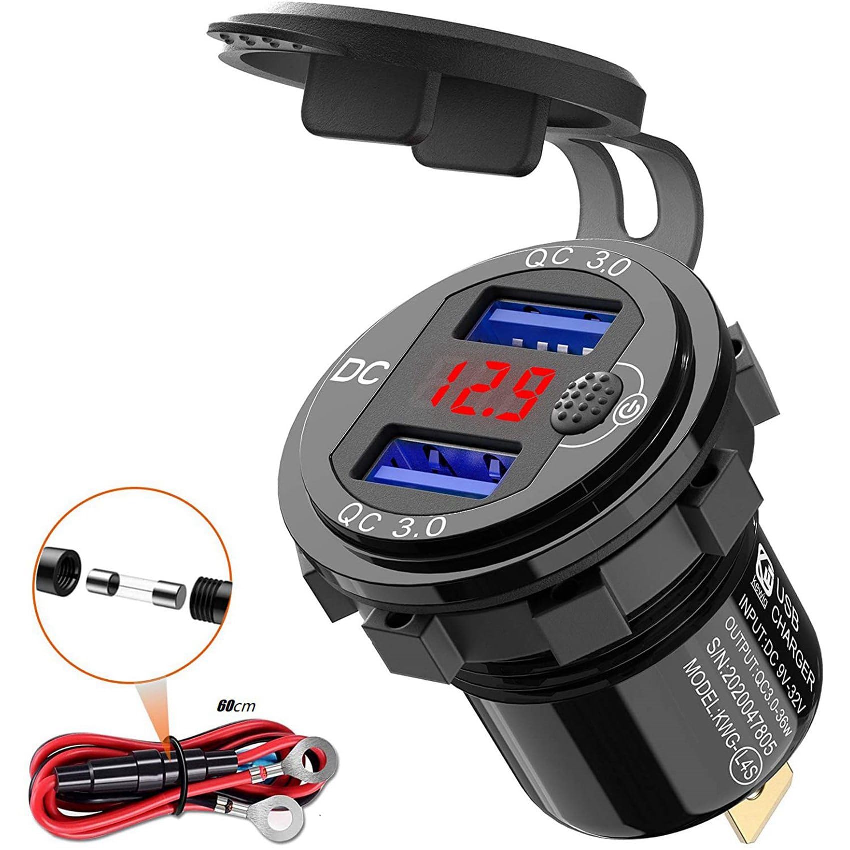 10X Cargador de Coche USB de Carga Rápida 3.0 Dual 12V, Enchufe de Aluminio con BotóN de Interruptor y VoltíMetro Digital Rojo, Impermeable