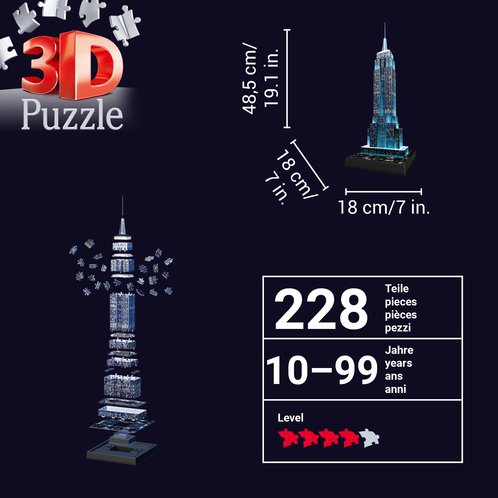 Ravensburger 3D Puzzle 12566 - Empire State Building Night Edition - eines der bekanntesten Wahrzeichen von New York - LED beleuchtetes Gebäude - ab 10 Jahren