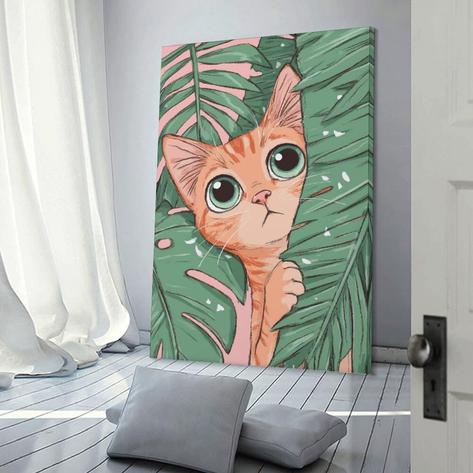 Junmoney Cute Cat Peeking Through Tropical Leaves Canvas Wall Decor, 24x36inch(60x90cm), for Bedroom, Guest Room Or Reading Nook, Canvas Wall Decor for Personal Spaces