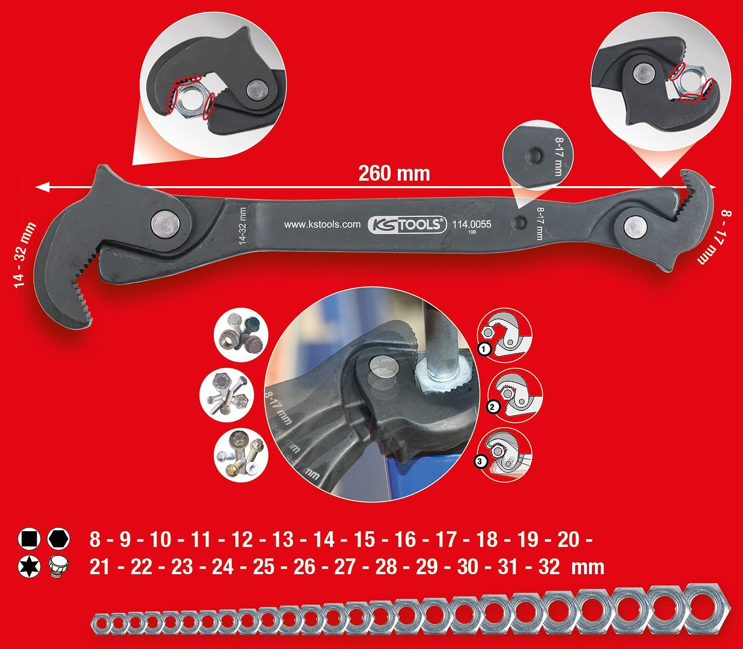 KS Tools 114.0055 Wielofunkcyjny klucz do obslugijedna reka, 8-17/14–32mm