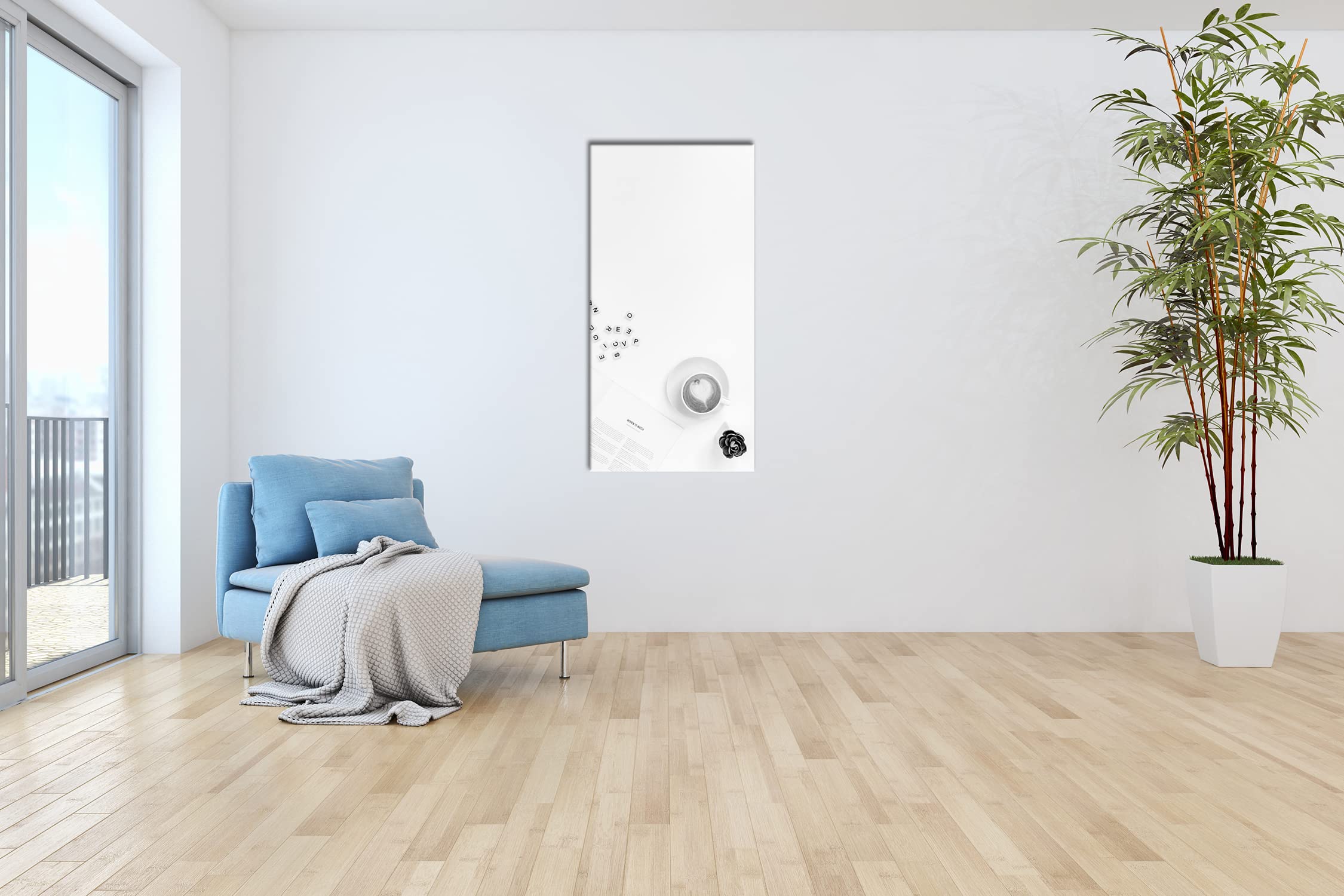 Café de la mañana en el trabajo panorámico, 120 x 60 cm, efecto: negro/blanco como lienzo, diseño enmarcado sobre marco de madera auténtica, impresión digital de alta calidad con marco