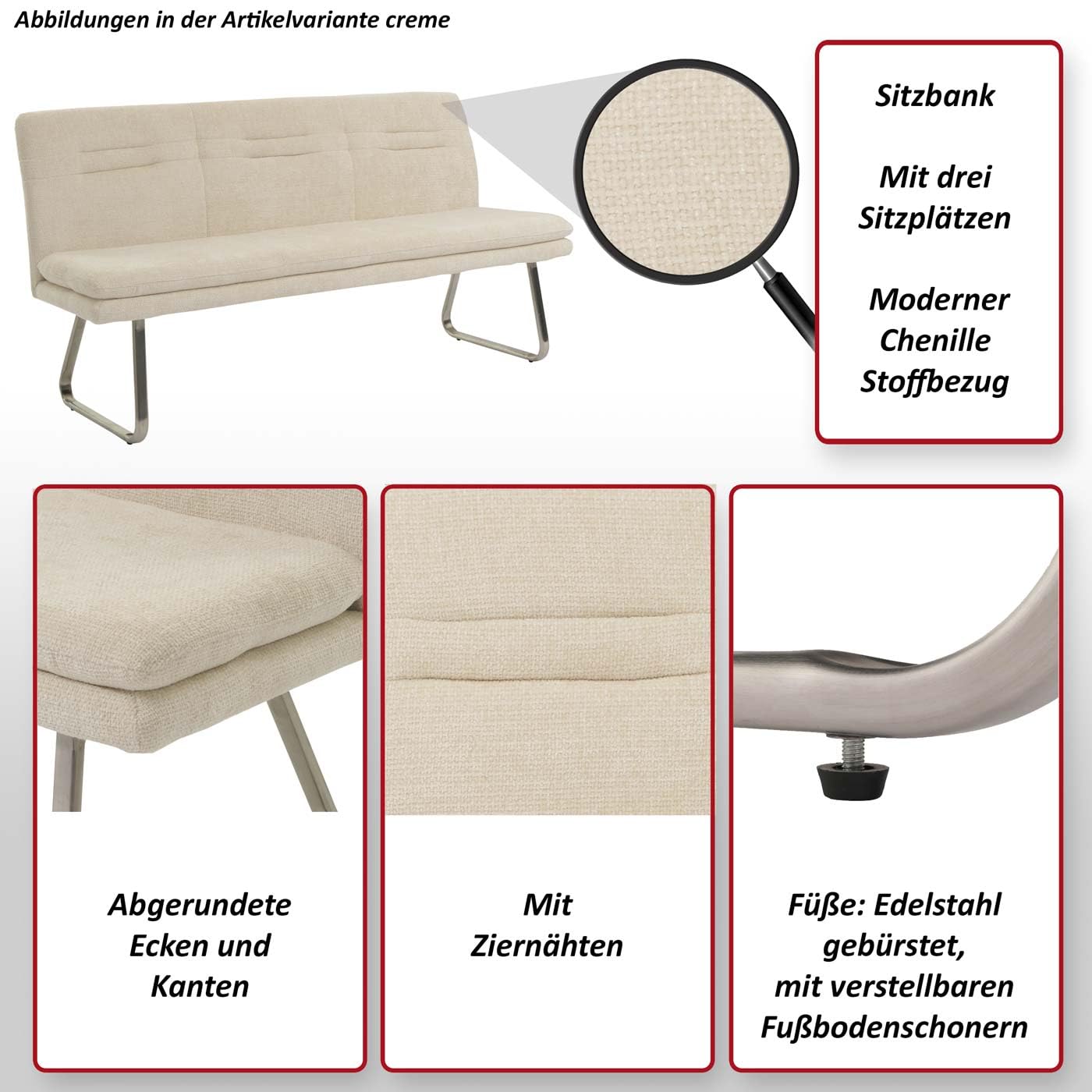 Mendler Sitzbank HWC-H70 180cm Stoff/Textil - braun