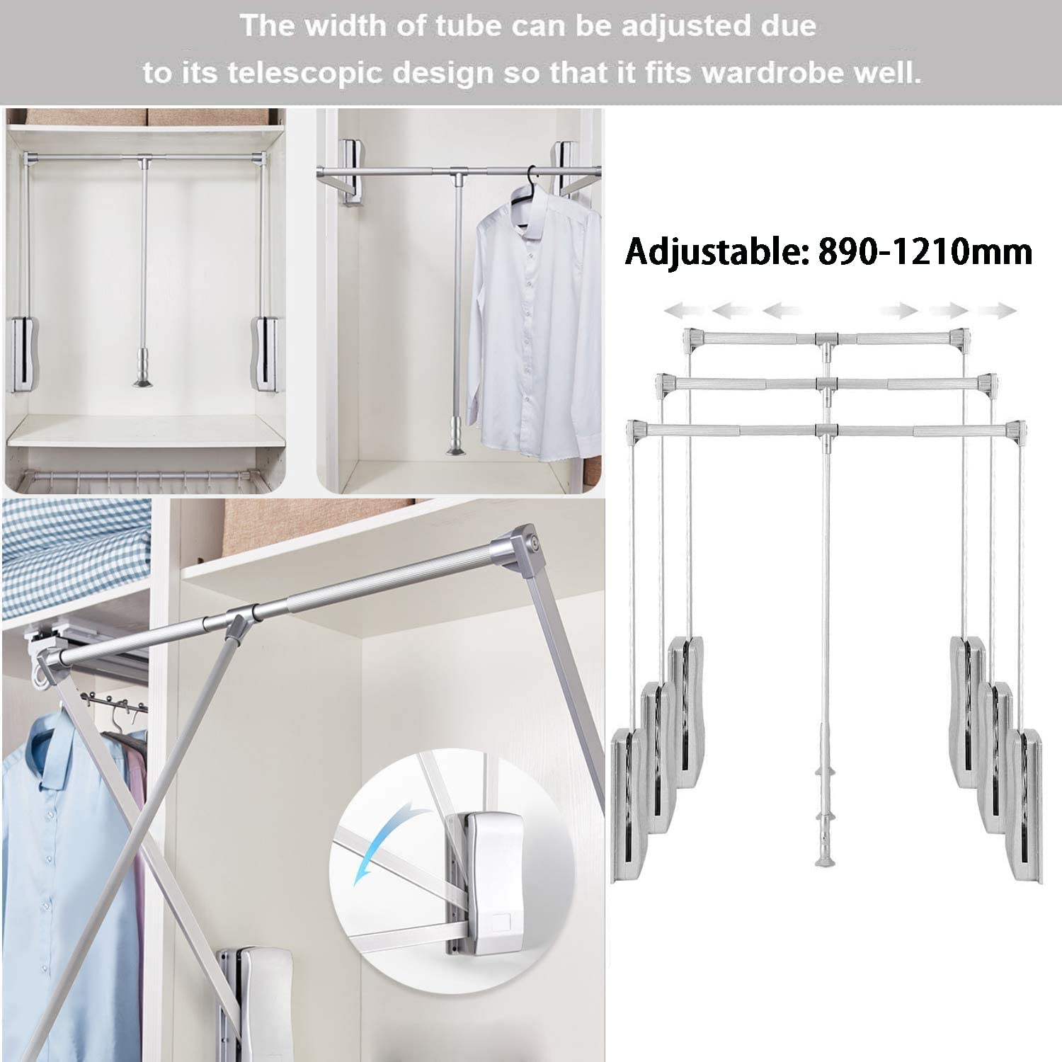 Compare Nisorpa Pull Down Wardrobe Rail Adjustable 890-1210mm Wardrobe Lift Large Extendable Cloth Hanger Soft Return Storage System With Aluminium Rod Space Products From Over 5,000 Stores