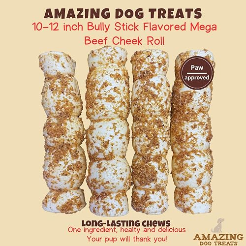 Miniatura 2 de Amazing Dog Treats - Rollos de mejillas de ternera Mega gruesos (sabor a polvo fuerte, 10 pulgadas - 6 unidades) - Masticables seguros para perros