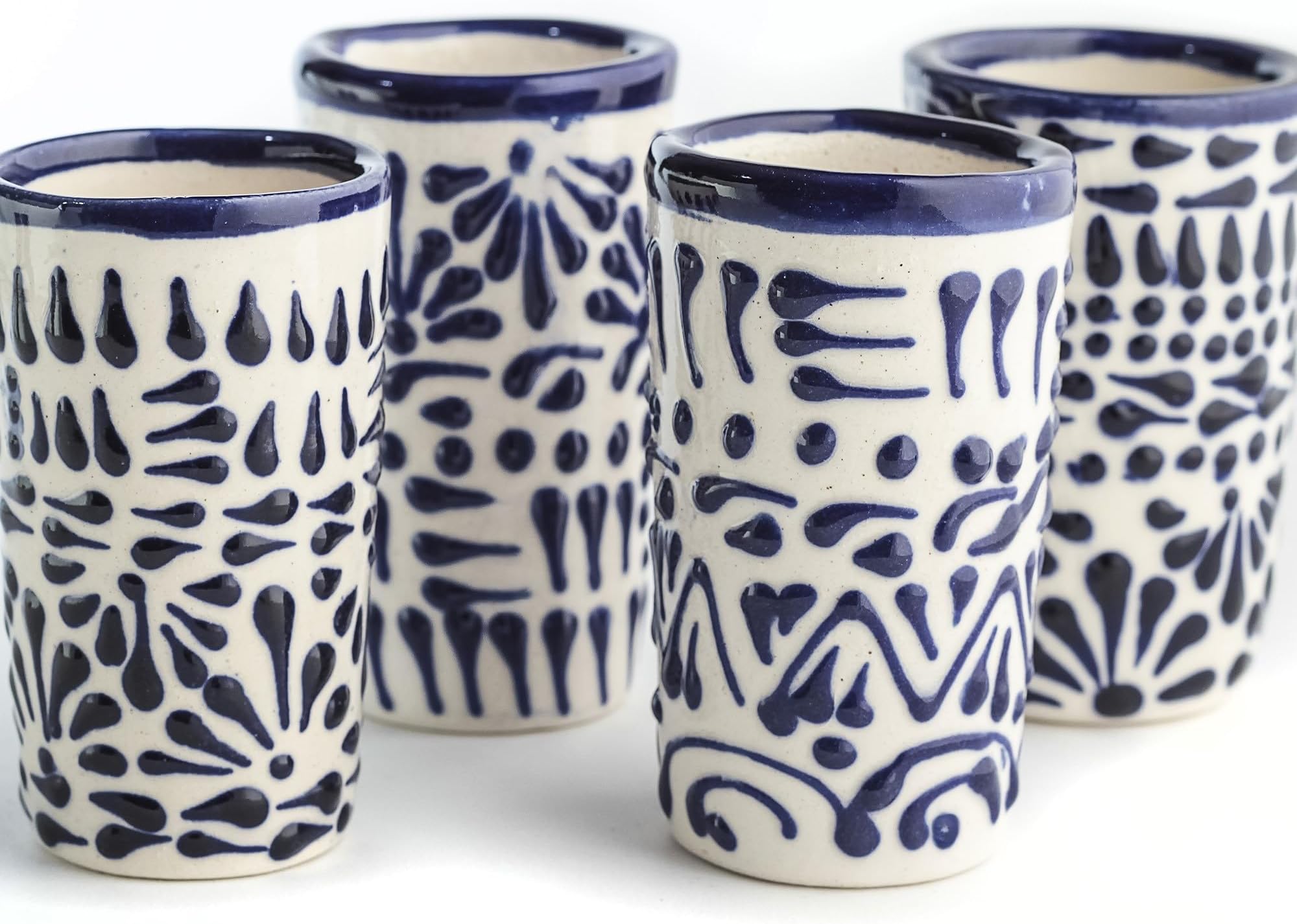 Talavera Shot Glasses Set of 4 Authentic Mexican Tequila Shot Glasses - Hand-painted - 2 Oz (Blue Lace)