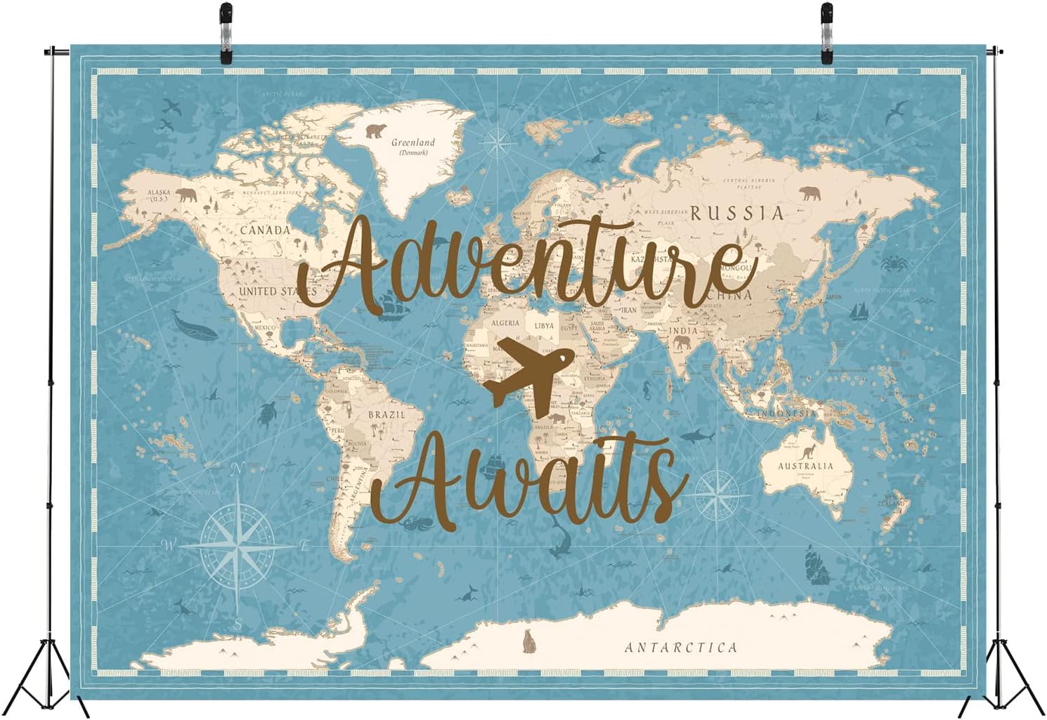 BELECO 5x3ft Fabric Adventure Awaits World Map Backdrop Let The Adventure Begin Travel Themed Party Decorations Background World Map Baby Shower Dessert Table Decor Banner Photobooth Studio Prop image 4
