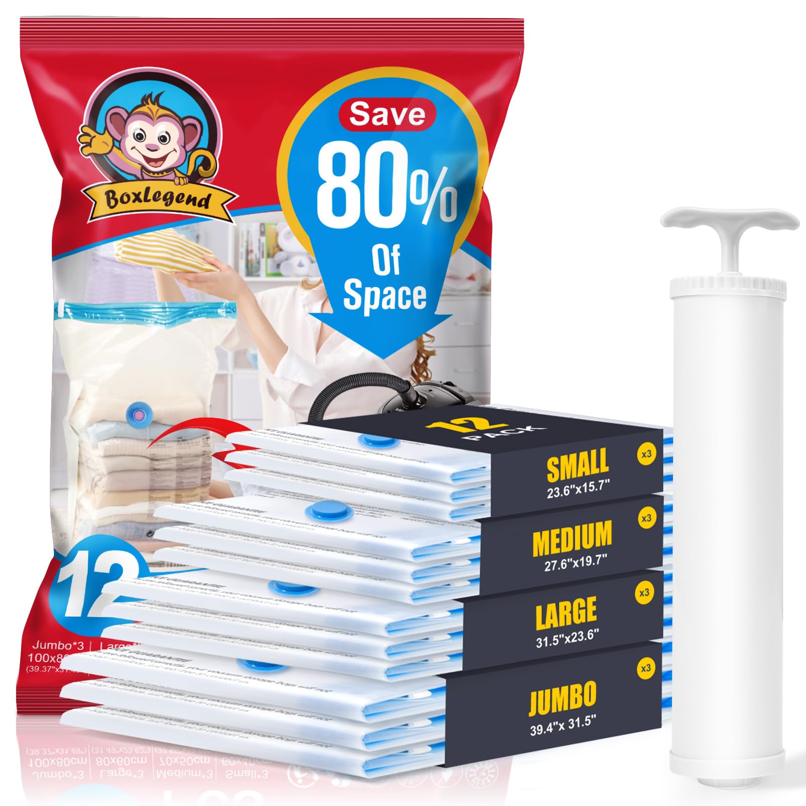 BoxLegend Vacuum Storage Bags with Large Hand Pump 12 Combo (3 Jumbo,3 Large, 3 Medium, 3 Small) Thickened Vacuum Seal Bags for Clothing Coat Bedding Quilt Blanket Pillow Comforters