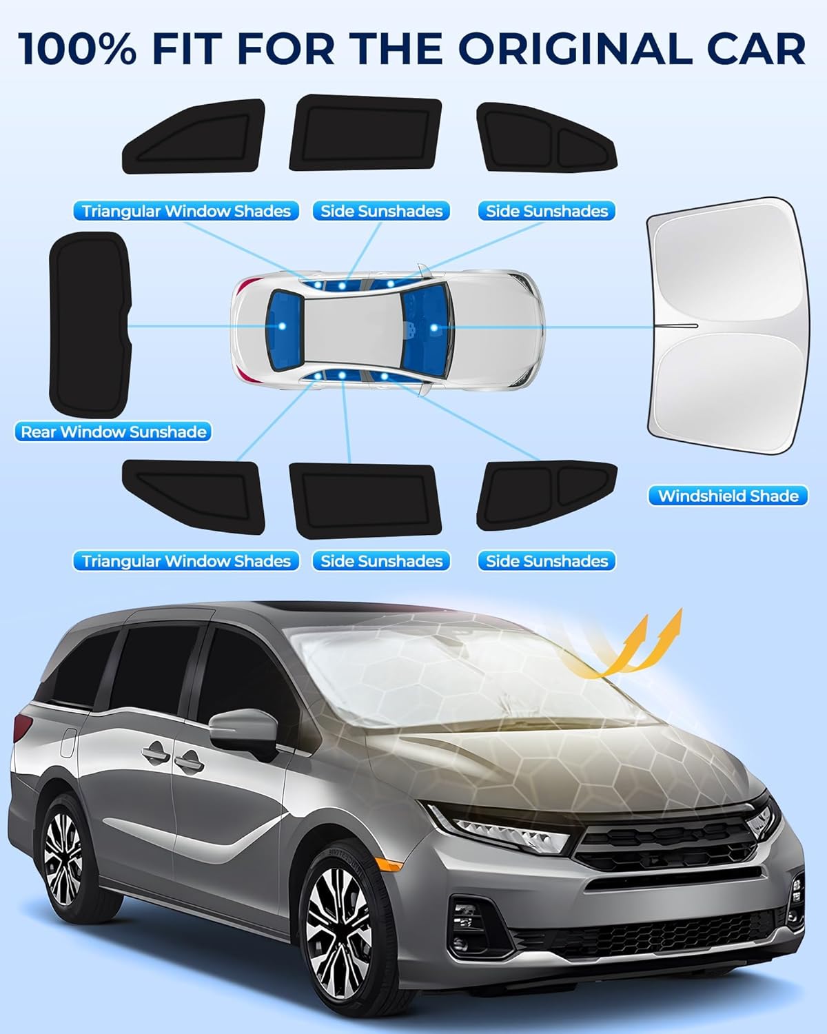 Car Window Shades for Honda Odyssey 2018-2024, 8pcs Privacy Sun Shade Set for Front Windshield Side and Rear Windows, Full Window Covers Keeps Vehicle Cool for Camping Napping