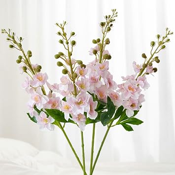 JINWOE Pink Larkspur Plant Artificial Flowers,4Pcs 26" Large Faux Lifelike Silk Flowers with Long Stem for Tall Floor Vase Home Wedding Office Party Arrangement Decoration