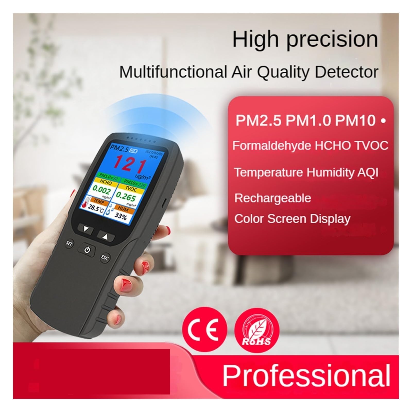 Detector de Gas, Monitor de Calidad del Aire 8 en 1, Detector formaldehído, medición Profesional, PM2.5/TVOC/HCHO, Temperatura y Humedad