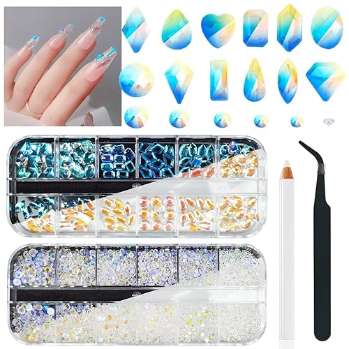 qiipii 2630 diamantes de imitación para uñas Aurora transparentes con luz de luna para uñas, cuentas redondas con parte trasera plana, gemas de