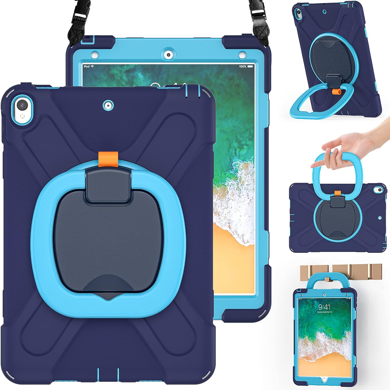 BRAECN Case for iPad Air 3rd Gen 10.5 Inch 2019, w/Pencil Holder, Carrying Shoulder Strap, Handle Grip, Kickstand, Heavy Duty Drop-Proof Protective Silicone Case for iPad Pro 10.5’’ 2017-Navy Blue