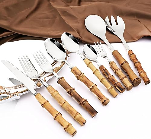 Miniatura 8 de Juego de 8 tenedores de ensalada de bambú natural, tenedor de postre para el hogar, boda, fiesta o restaurante, uso diario, acero inoxidable 304,