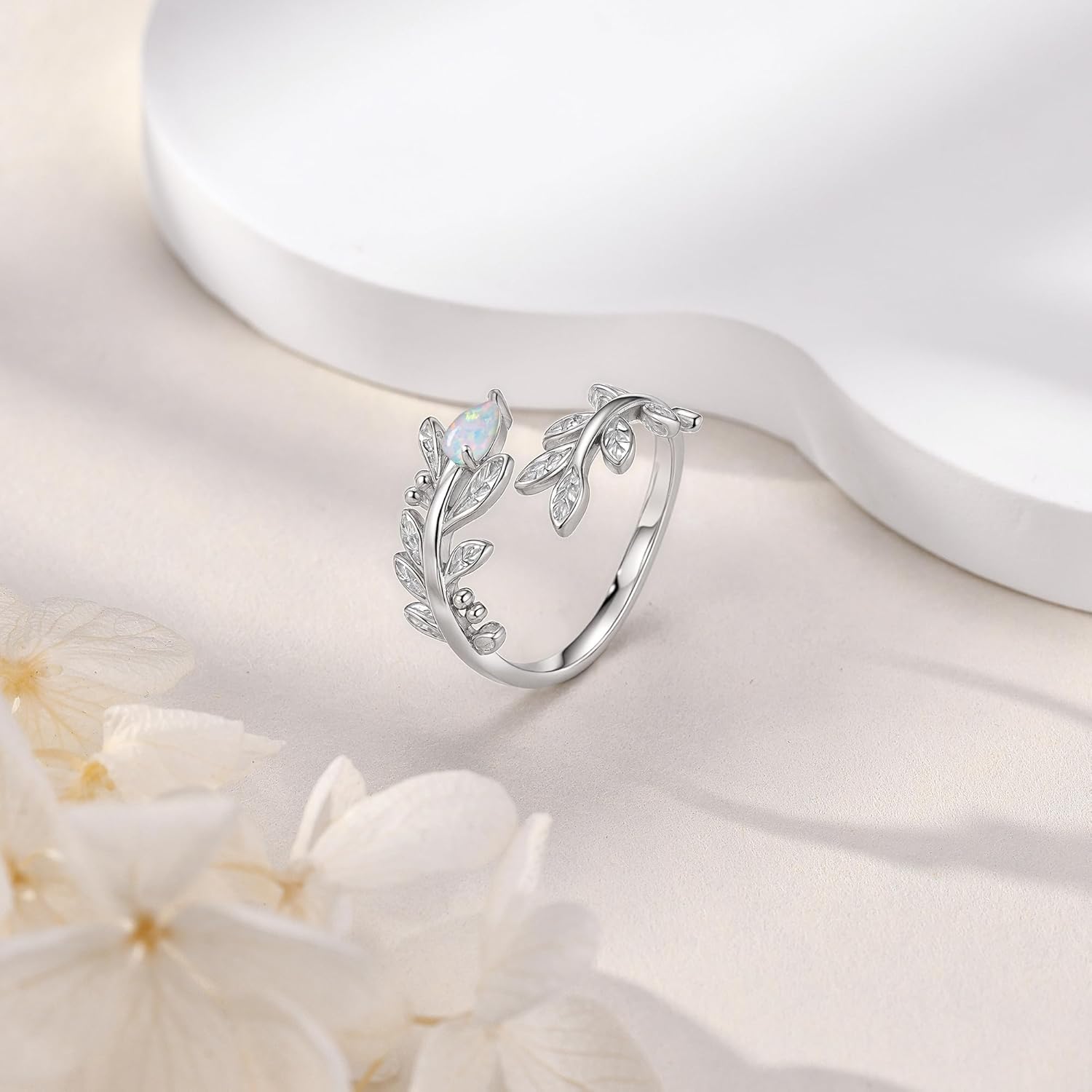 Sterling Silver White Opal Leaf Ring for Women, Size 7-9, Adjustable Open Leaf Ring - Image 4