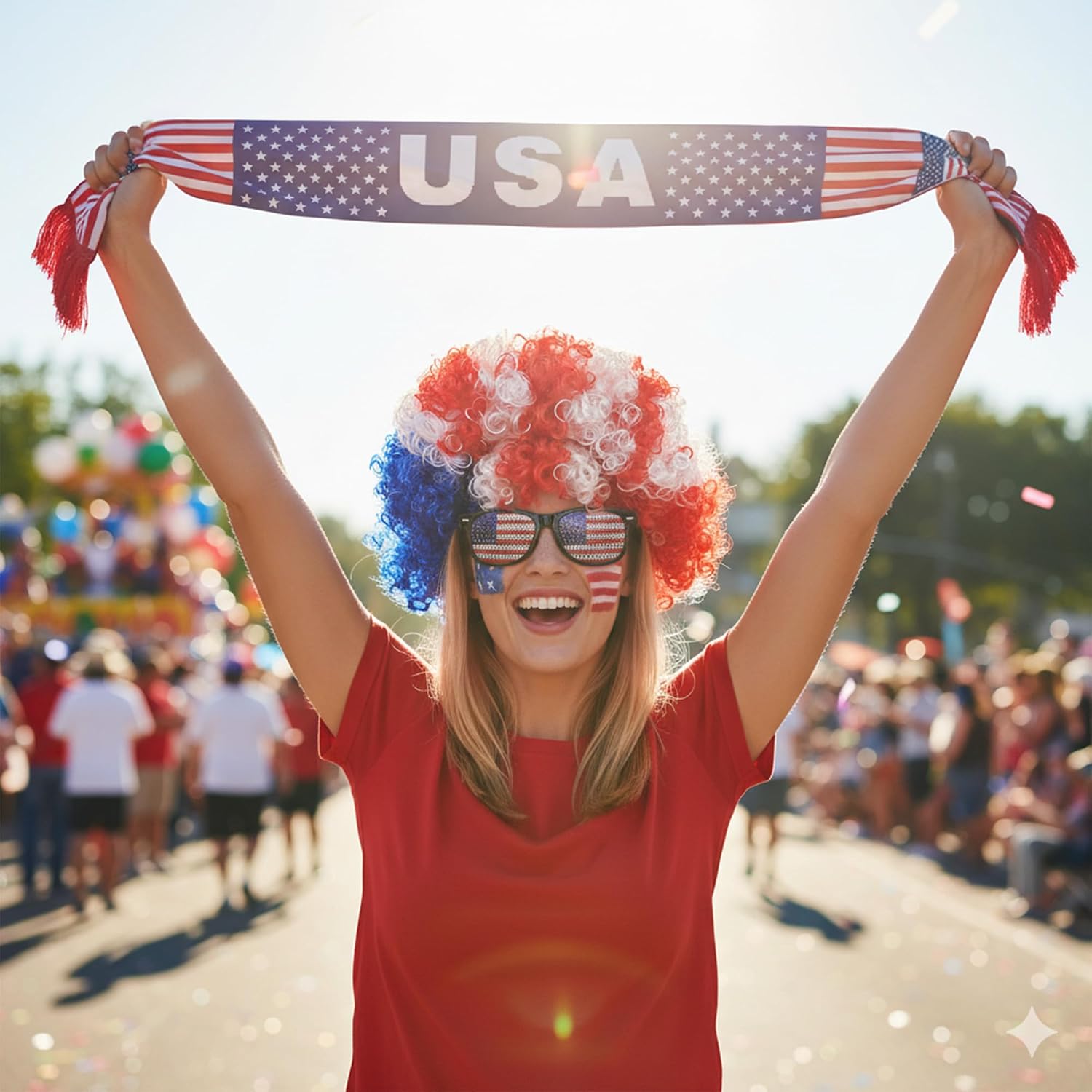 3PCS USA World Cup Costume Set, Red White Blue Afro Wig, American Flag Scarf, Sunglasses, Perfect World Soccer Cup Fans Cheer Accessories, Headband Wig for 4th of July Independence Day