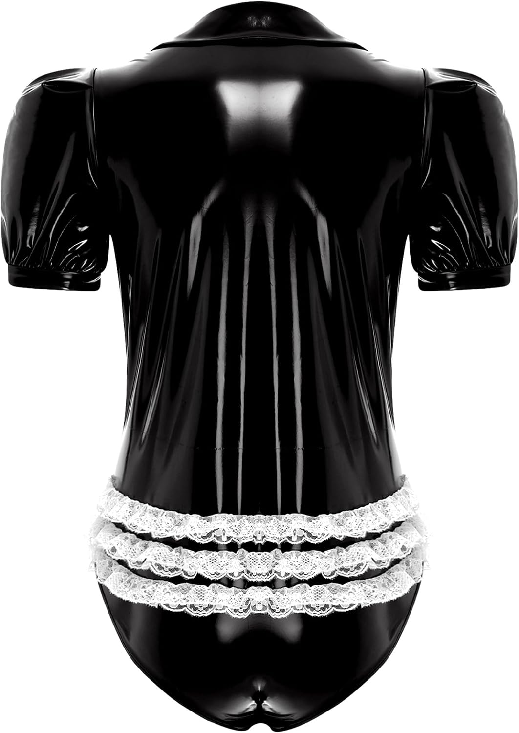 Mens Shiny Leather Jumpsuit Short Sleeve Zipper Lace Ruffled Bodysuit Halloween Costume