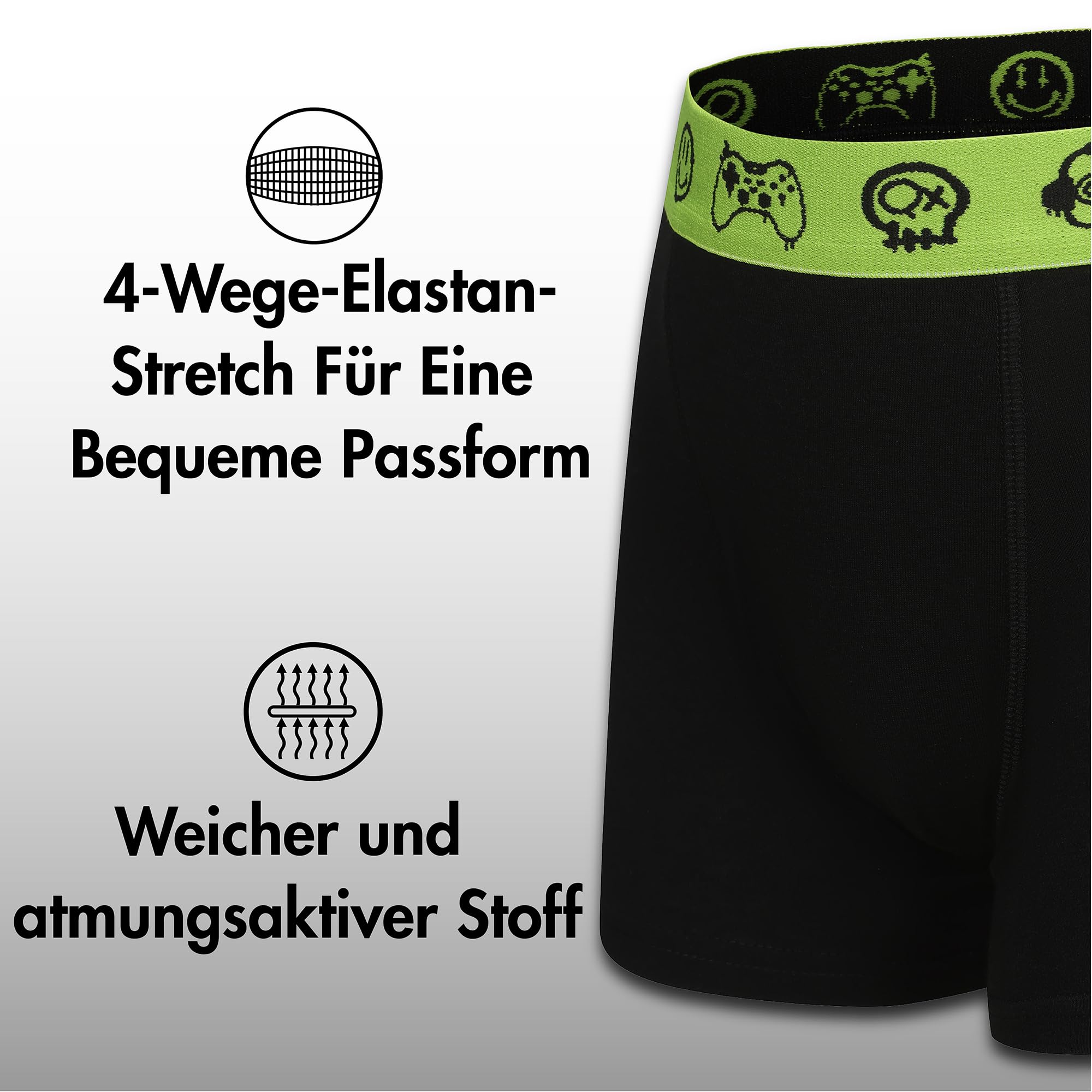 The Essentials Wardrobe Jungen 5er-Pack Boxershorts Trunks Weiche Atmungsaktive Unterwäsche mit 4-Wege-Elastan-Stretch Camouflage Gaming Design Bunt Größe 6–13 Jahre