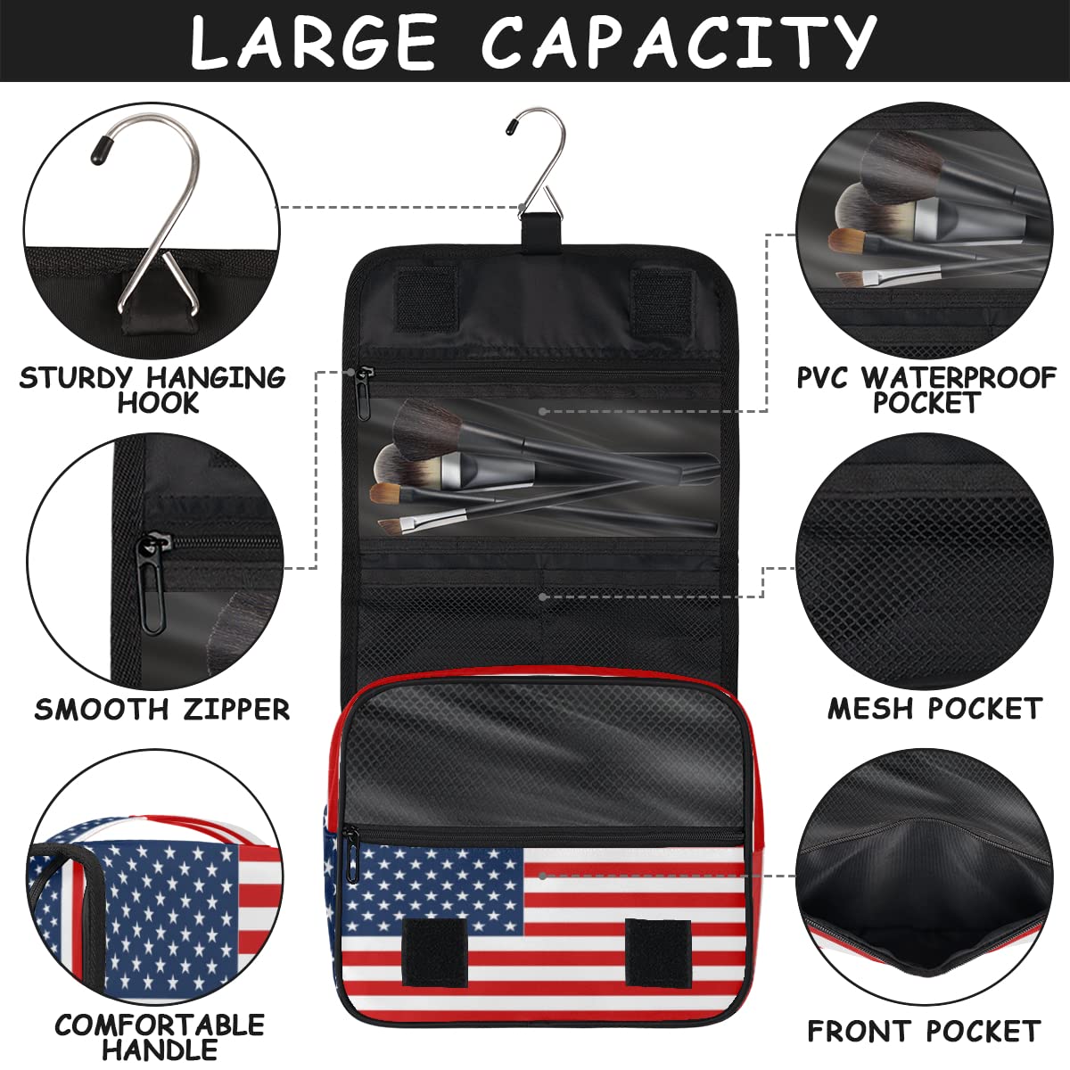 Kulturbeutel mit USA-Flaggen-Druck, amerikanische Flagge, Kulturbeutel, Unisex, hängende Toilettenartikel, Kosmetik, Make-up-Organizer, mehrfarbig, Einheitsgröße