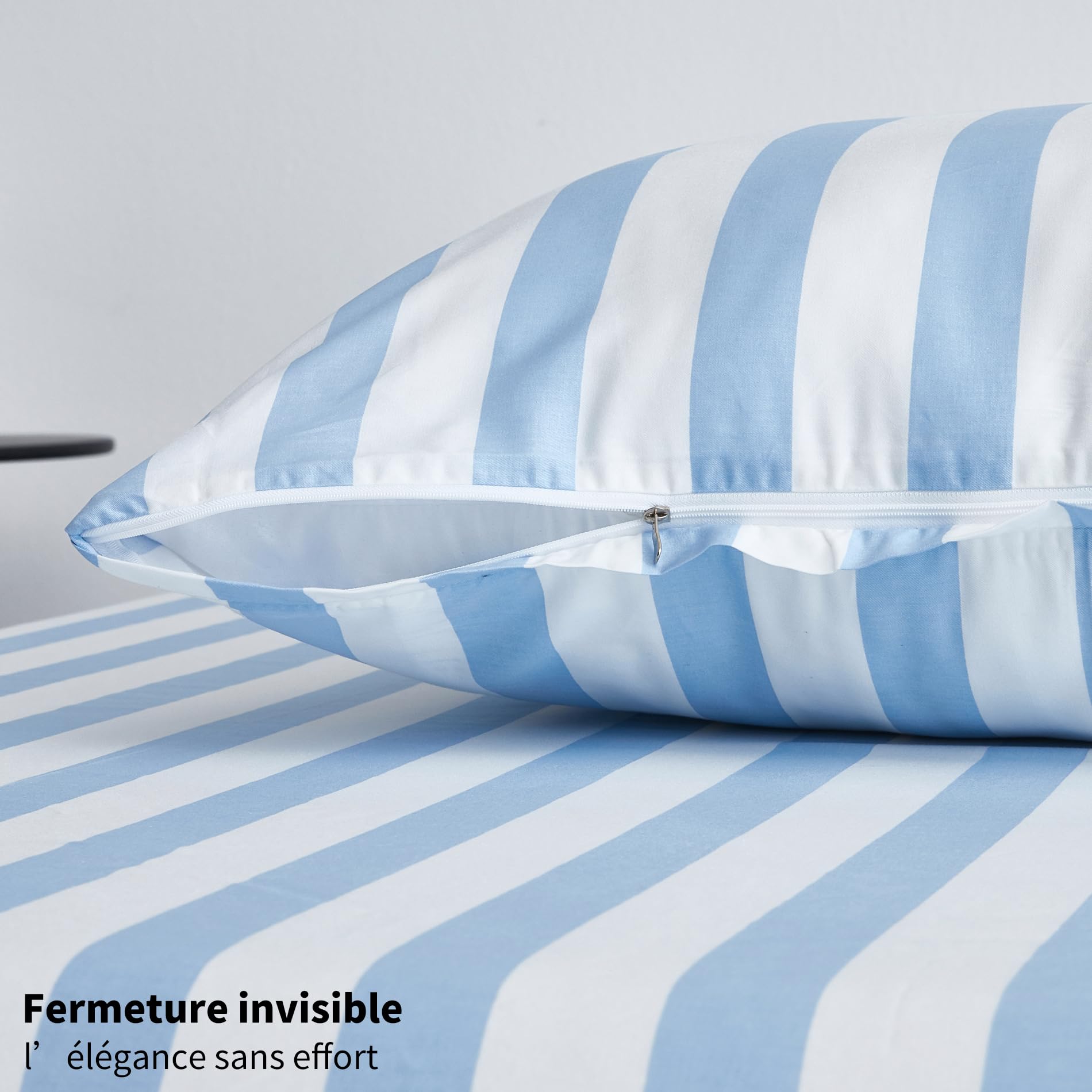 Funda nórdica de 200 x 200 cm, algodón, color azul claro y blanco a rayas, juego de cama de 200 x 200 cm, algodón, estilo moderno, suave, transpirable, ropa de cama para 2 personas, con