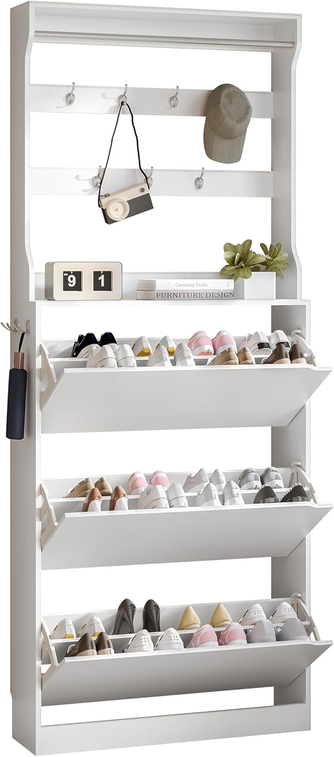 Wodeer Tall Shoe Cabinet with Coat Rack, Hidden Shoe Storage Cabinet with Doors & Drawer, Hanging Bar & Hooks, Slim Narrow Freestanding Shoe Rack Organizer for Entryway, Hallway & Living Room, White