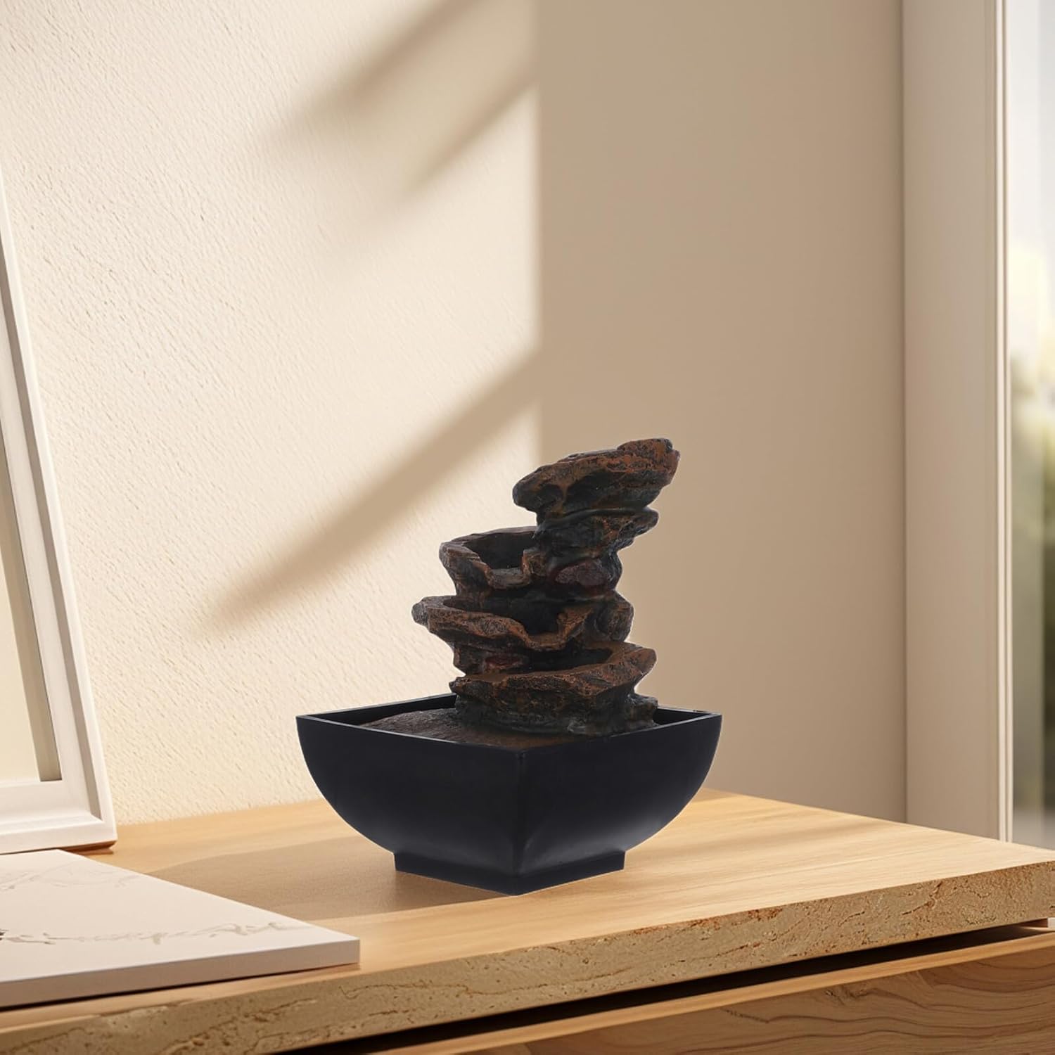 Zen Tabletop Water Fountain with LED Light Relaxing Indoor Waterfall Decor for Office and Living Lightweight Desktop Fountain for Meditation and Zen Ambiance US Plug