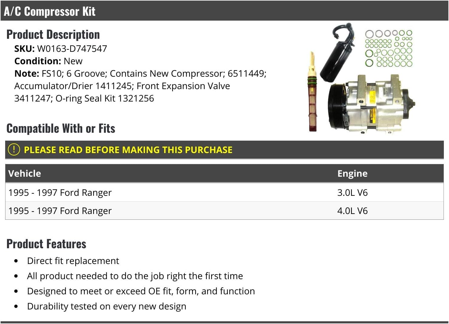 A/C Compressor Kit - with FS10 Compressor, Accumulator/Drier, Front Expansion Valve, and O-Ring Seal Kit - Compatible with 1995-1997 Ford Ranger 3.0L/4.0L V6