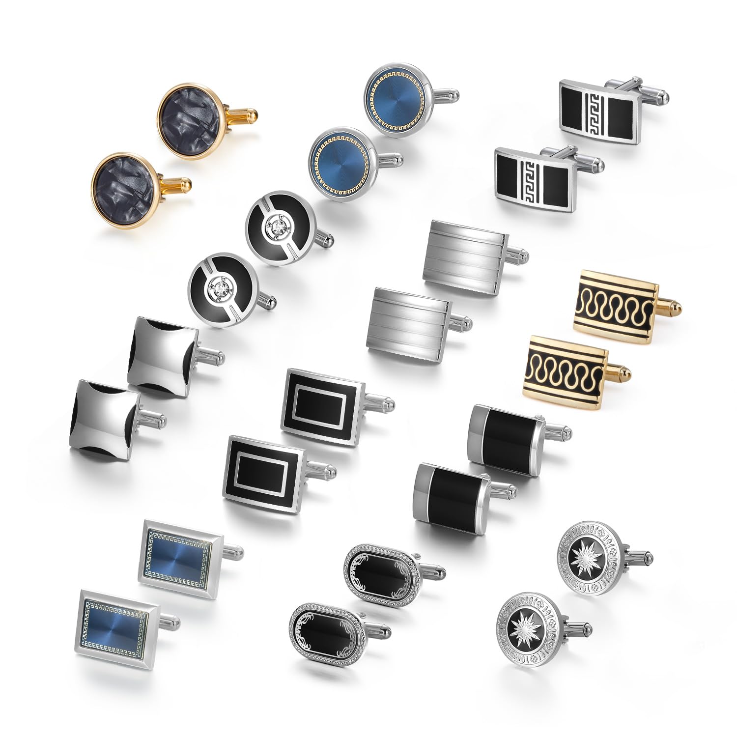 Wynameleri Mens Cufflinks Set 12 Pairs, Black Cuff Links Pack of 12 for Men Silver and Gold, for Business, Wedding,Party Gift Pack in Case