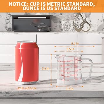 77L Glass Measuring Cup, 1 1/4-Cup/300 ML Liquid Measuring Cups, Measuring Cup With Handle and V-Shaped Spout, Glass Beaker with Three Scales (OZ, Cup, ML), Dishwasher/Freezer/Microwave Safe