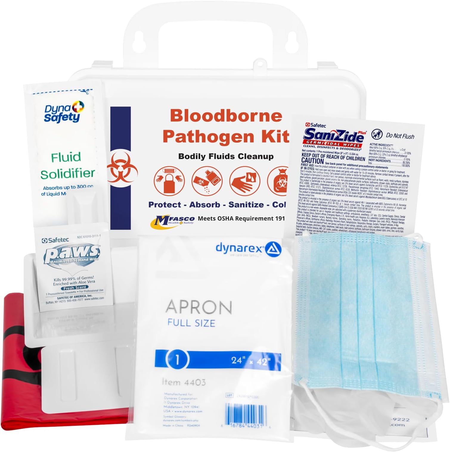MFASCO Bodily Fluid Clean Up Kit - Wall-Mountable or Portable - OSHA Blood Borne Pathogens - Disposable Protection Gear - Bleach-Free Solidifier - Easy Cleanup - Refillable - 9 Pcs