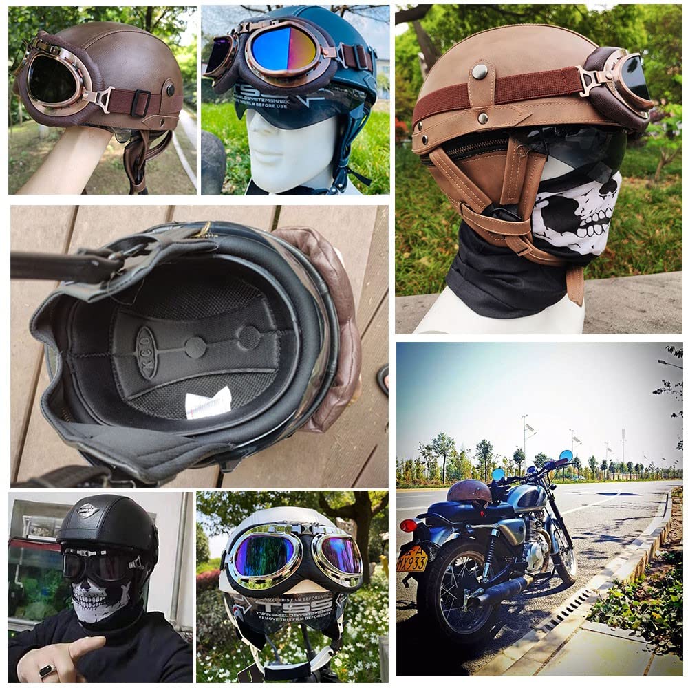 Retro Motorrad Halbhelme Leder Halbhelm Deutscher Stil Roller Cruiser Chopper Anti-Collision Helm Abnehmbarer Gehörschutz mit Visier ECE Zertifiziert