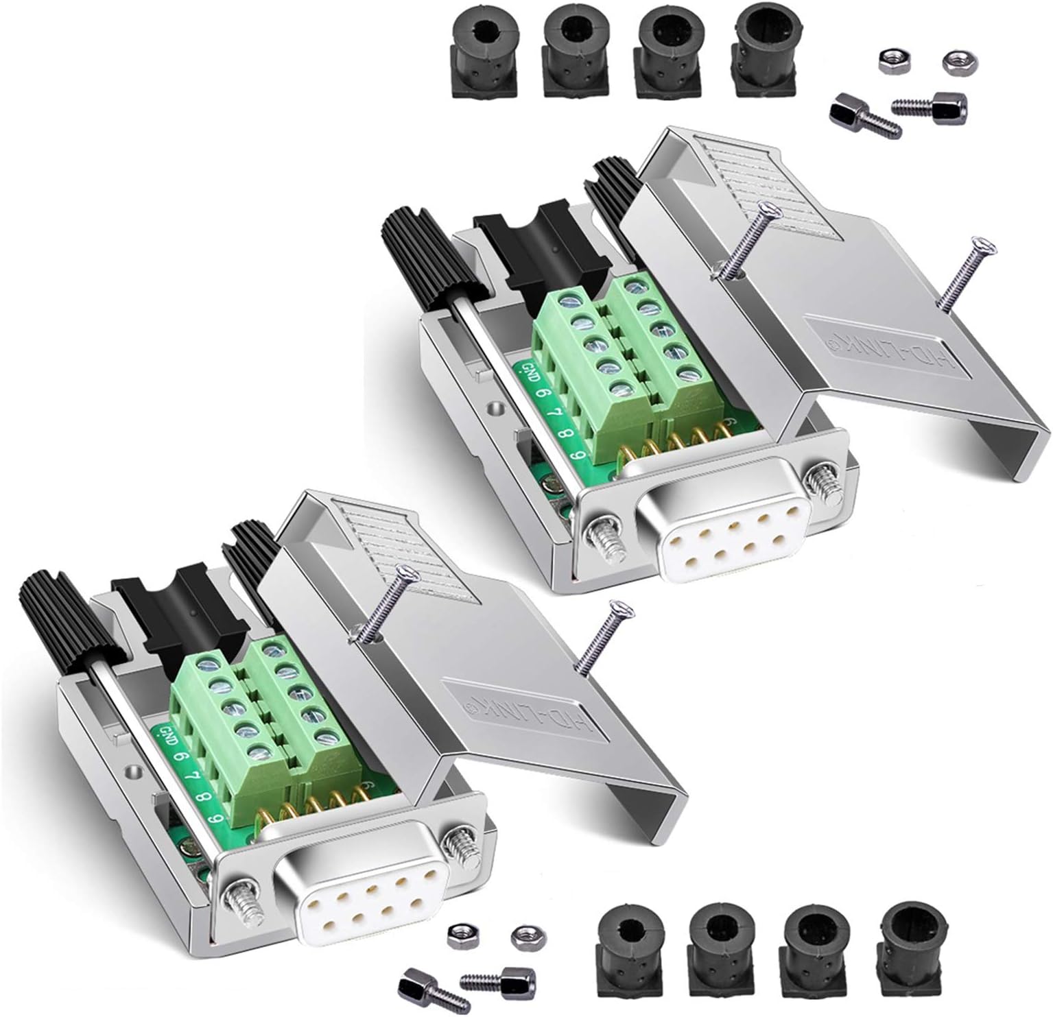 2PCS DB9 Breakout Connector, Solderless Metal Shell RS232 D-SUB Serial to 9-Pin Port Terminal Female Adapter Connector Breakout Board with Case