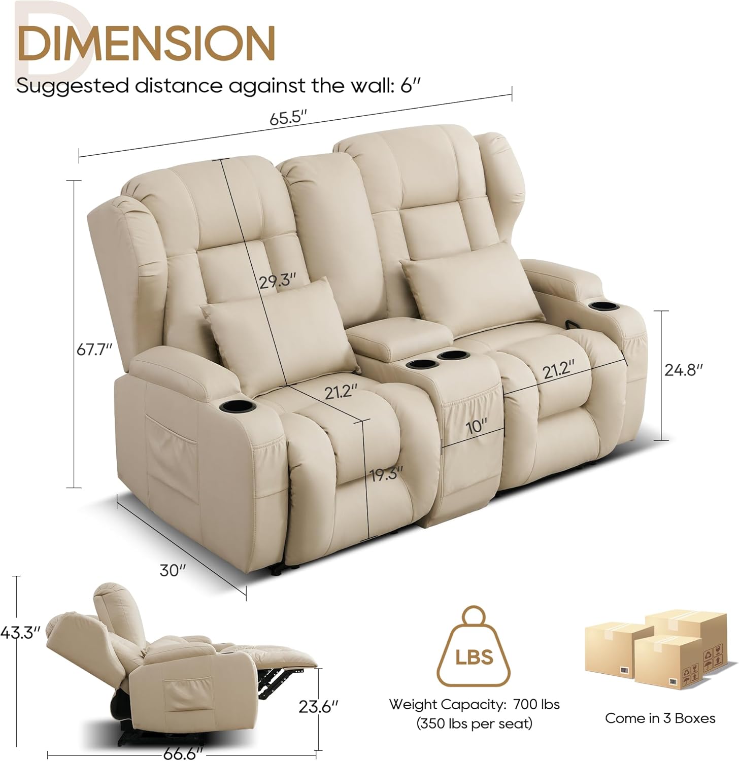 DRMBOOK RV Loveseat Recliner Sofa, Double Wall Hugger Reclining Couches, Manual Reclinable Movie Seating 2 Person Recliner for Travel Trailer (Leathaire Beige, 2 Seater with Standard Console)