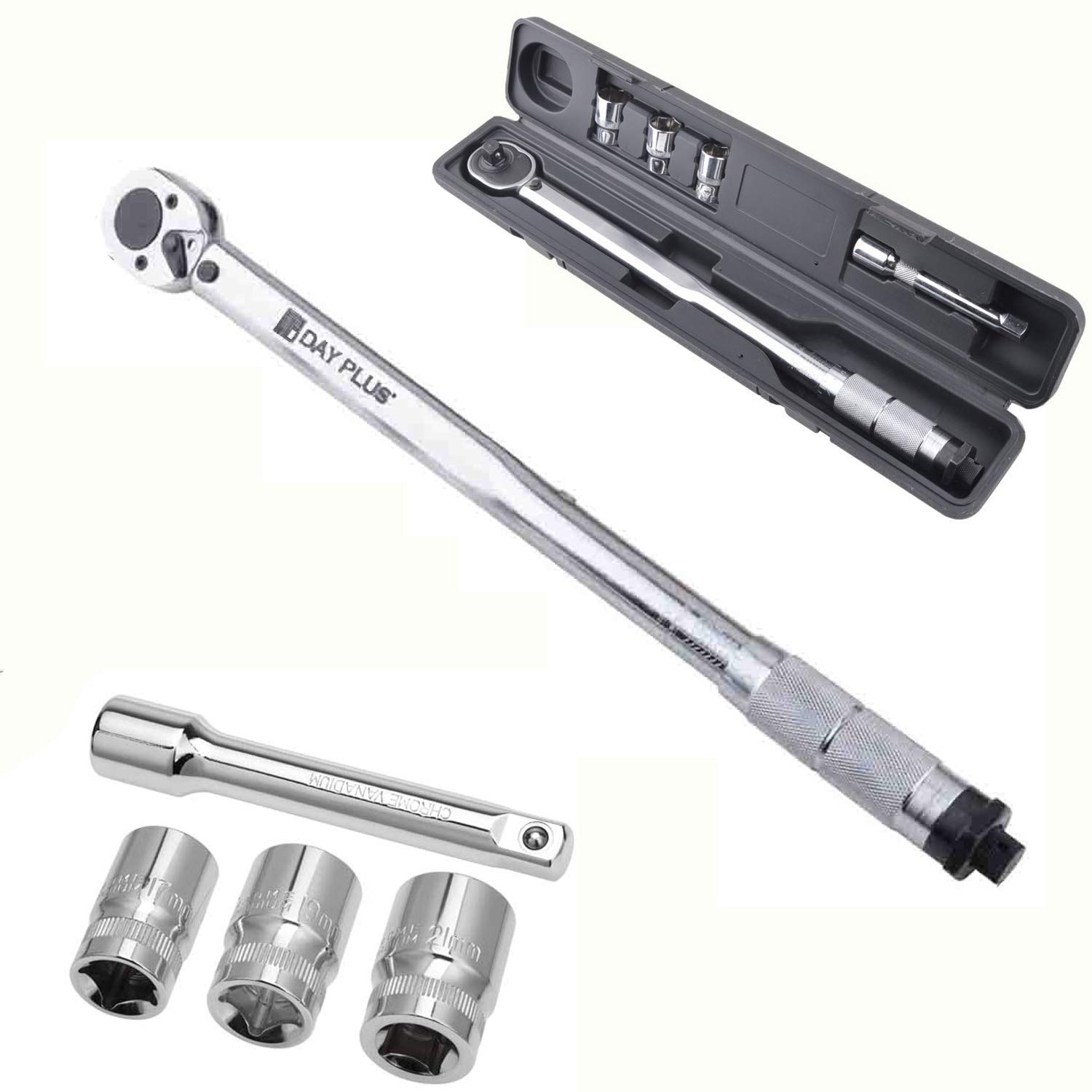 Torque Wrench 1/2" 28-210Nm Torque Tool 17, 19 and 21mm Sockets Ratchet with Extension