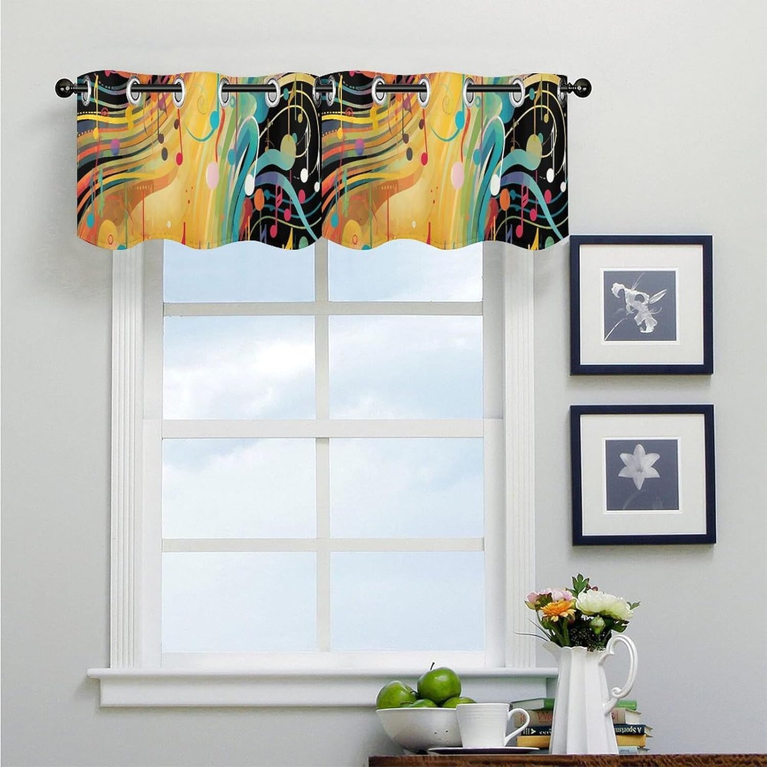 Abstract Music Themed Valance for Windows, 2 Pack Kitchen Curtains Modern Home Decor, Soft Blackout Window Curtains for Living Room & Bedroom, 18 X 52 Inch