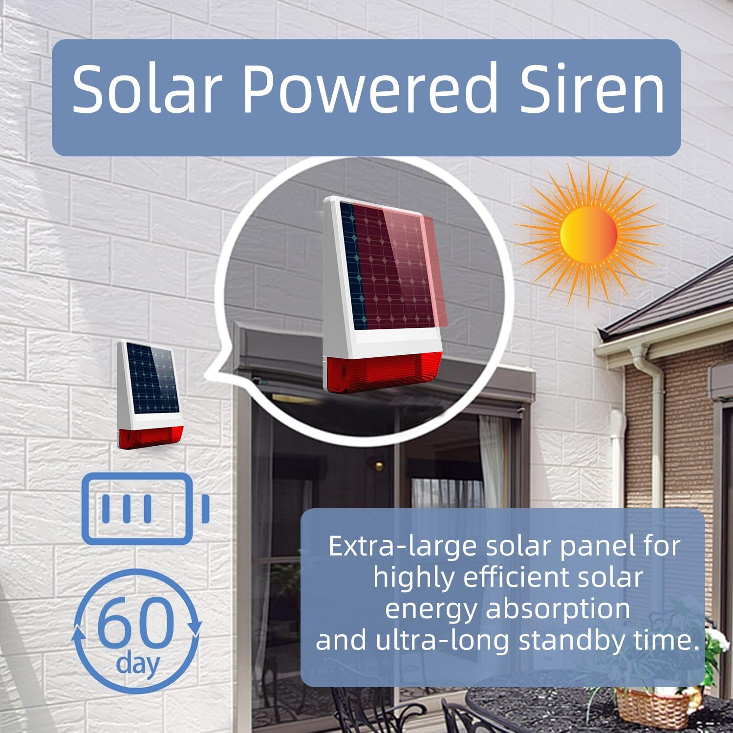Wolf-Guard JD-W06 Funk-Sirene, 433 MHz, solarbetriebene Außensirene, 110 dB Alarmton, integrierter wiederaufladbarer Li-Akku, LED-Blitzlicht mit Deterrent Plus Solar-Sirene