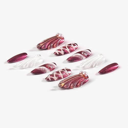 Miniatura 4 de Sun&Beam Nails Puntas de uñas postizas hechas a mano, a presión, medianas, largas, Amlond, morado, blanco, vino aurora, sirena, 10 unidades (#019 L)