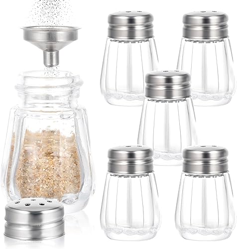Thinp 6 mini saleros y pimenteros de cristal con tapas de acero inoxidable y 1 mini embudos de acero inoxidable para cocina, restaurantes, bodas y